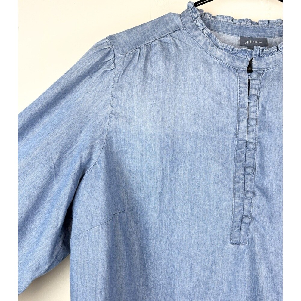 J Jill Denim Blouse XL Long Sleeve Cotton High Neck Office Career Chambray Blue - Picture 8 of 9